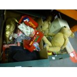 Two boxes of mixed collectables including old teddies, stamps, etc