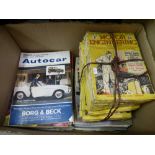 A box of paperback Autocar magazines dated 1965 along with a quantity of motor engineering magazines