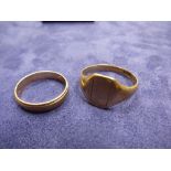 9ct yellow gold wedding band, size L, and gents 9ct yellow gold signet ring, size T/U, both marked