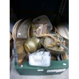 One box of mixed metal to include Silver plate vintage weighing scales with weights, Horse