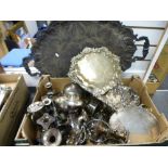 Crate of silver plated ware to include trays, candlesticks etc.
