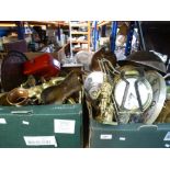 Three boxes of mixed metalware to include a brass stag, copper kettle, picture frames, candle