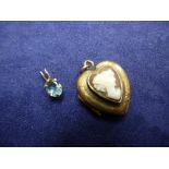 9ct heart shaped locket inset with a cameo, marked 9ct together with a yellow metal pendant inset