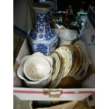 Small box of china to include plates, blue and white vase, planters