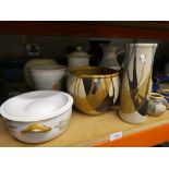 Four pieces of Studio pottery with a Royal Worcester 'Evesham' dish and other pots and vases