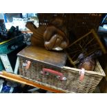 A wicker basket of treen with a box of mixed items including an enamel bread bin, Staffordshire