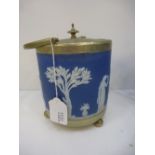 A Wedgwood Jasperware biscuit barrel with plated mounts