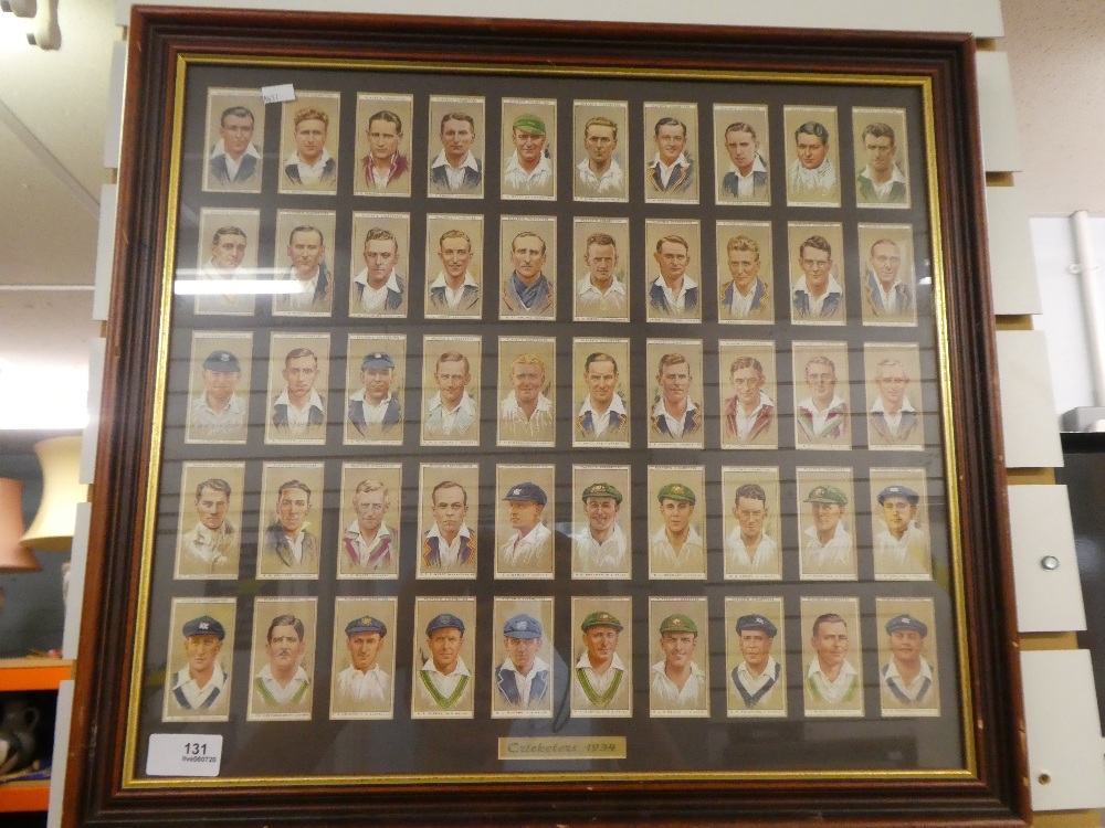 A Framed set of Cricketers 1934 cigarette cards and a frame of Odgens Cinema Gold cigarette cards