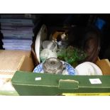 A box of mixed china and glass to include Bavarian china, Staffordshire figure, Nao along with cased