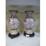 Pair of oriental Cloisonné vases, on hardwood stands