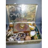 Tin containing collectables including mahogany and brass blotter, needle cases, pen knives, girl