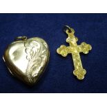 9ct yellow gold heart shaped locket marked 375 and cross example marked 375, total weight 2.8g