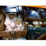 Two boxes of china to include Noritaki, Colclough, Tuscan, also a box of collectable dolls, etc