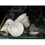 Two crates of mixed glass and china to include vases, jugs, decanters, ginger jars etc.
