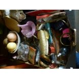 A box of collectables including costume jewellery, china, etc
