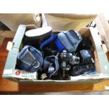 Crate of vintage and modern cameras and lenses including Pentacon, Zeiss, Canon etc and cased