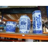 A large lidded blue and white coloured Spode pot and blue and white stick stand, plus one other