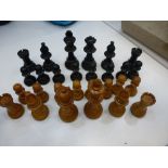 Early 20th Century ebony and boxwood chess set in its original case, incomplete - missing 4 knights,