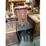 Teak and Mother of Pearl inlaid small octagonal table, pair of ebonised folding tables and brass