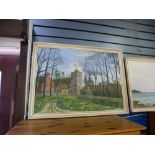 Two framed oil on boards - one a view of a church