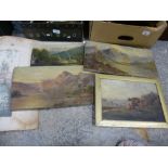 A small quantity of oil paintings depicting countryside scenes, and a watercolour of Venice