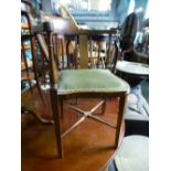 Mahogany Edwardian corner chair, mahogany plant stand, inlaid wine table, drop flap example, etc
