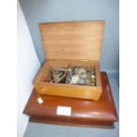 Vintage mahogany stationery box and box of collectables, including pens, buttons, coins, etc