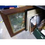 A box of framed and unframed pictures mostly modern, books, etc