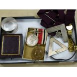Hallmarked silver Masonic medals, other medals, Consul watch etc and a cased set of silver plated