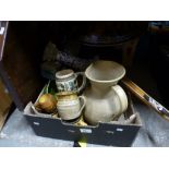 One box of mostly pottery items including jugs, bowls, candlesticks, etc