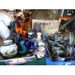 Two boxes of mixed sundry to include ginger jar, oriental dish, dolphin wood figures of animals,