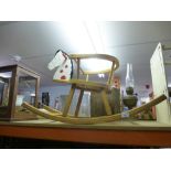 Vintage childs rocking horse, dolls cot, pull-a-long trolley with building blocks