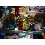 Three boxes of mixed glass including oil lamp, jugs, vases, some china, etc