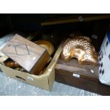 A quantity of sundry items to include a box of treen, writers slope, copper food moulds, etc