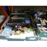 Four boxes of mixed collectables to include wood boxes, china, deer antlers, Disney magazines,