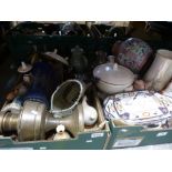 Four boxes of mostly china items to include serving dishes, mugs, ginger jars, vases, jugs, etc