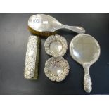 A silver A/F embossed Dressing Table set and a air of small decorative dishes - white metal - approx