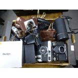 Vintage cameras and lens to include canon, Manniya, Zenit-E prinzflex etc.
