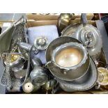 Two boxes of mixed silverplated ware to include teaware, cutlery, basket with swing handles etc.