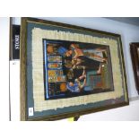 A framed and glazed Egyptian image painted on reeds.