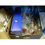 Three boxes of mixed glass and china to include Royal County glass, Dartington, Copeland