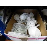 Three boxes of mixed china to include plates, cups, teapot, vases, bowl and ewer, etc
