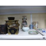 Collection of oriental items, to include Famille Rose brush pot, oriental stand, card case,