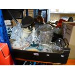 A box of glass and china to include dishes, decanters, serving tureen, glasses, etc