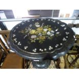Black lacquered tilt top table decorated with birds and flowers AF