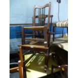 Mahogany framed cane seat rocking armchair and similar rush seat chair