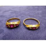 Two 18ct yellow gold dress rings set with diamonds and garnets, one stamped 18, size QP, the other