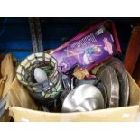 One box of mixed metal, including Tiffany style lamp, silver plate trays, etc