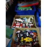 2 crates of vintage lego, box of matchbox cars etc.
