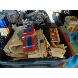 A quantity of childrens wood toys, including a castle, plus a case of various items including a